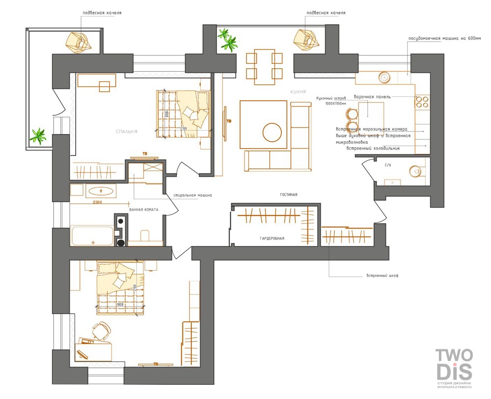 Дизайн проект квартиры улице Кирова - план двухкомнатной квартиры студии, Новосибирск