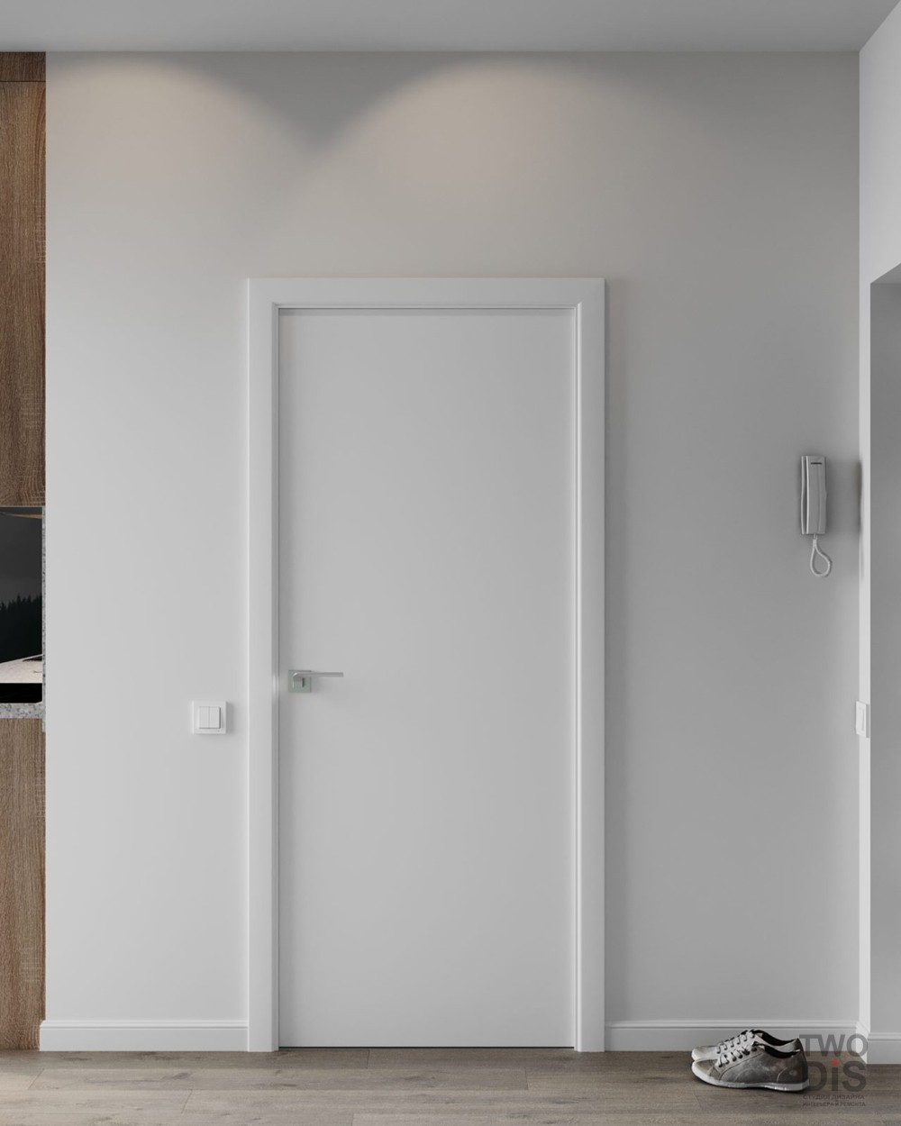 Дизайн проект квартиры ЖК Шушары - дверь в ванную комнату однокомнатной студии, Санкт-Петербург